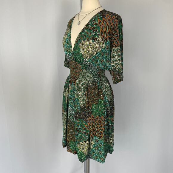 Y2K Mini Dress Green Geometric Print Babydoll Fairy Grunge Stretch Casual Boho - Picture 8 of 14